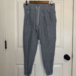 Athleta Cabo Linen Joggers Pants Chambray Blue Zip Pockets Pull On Size 4P